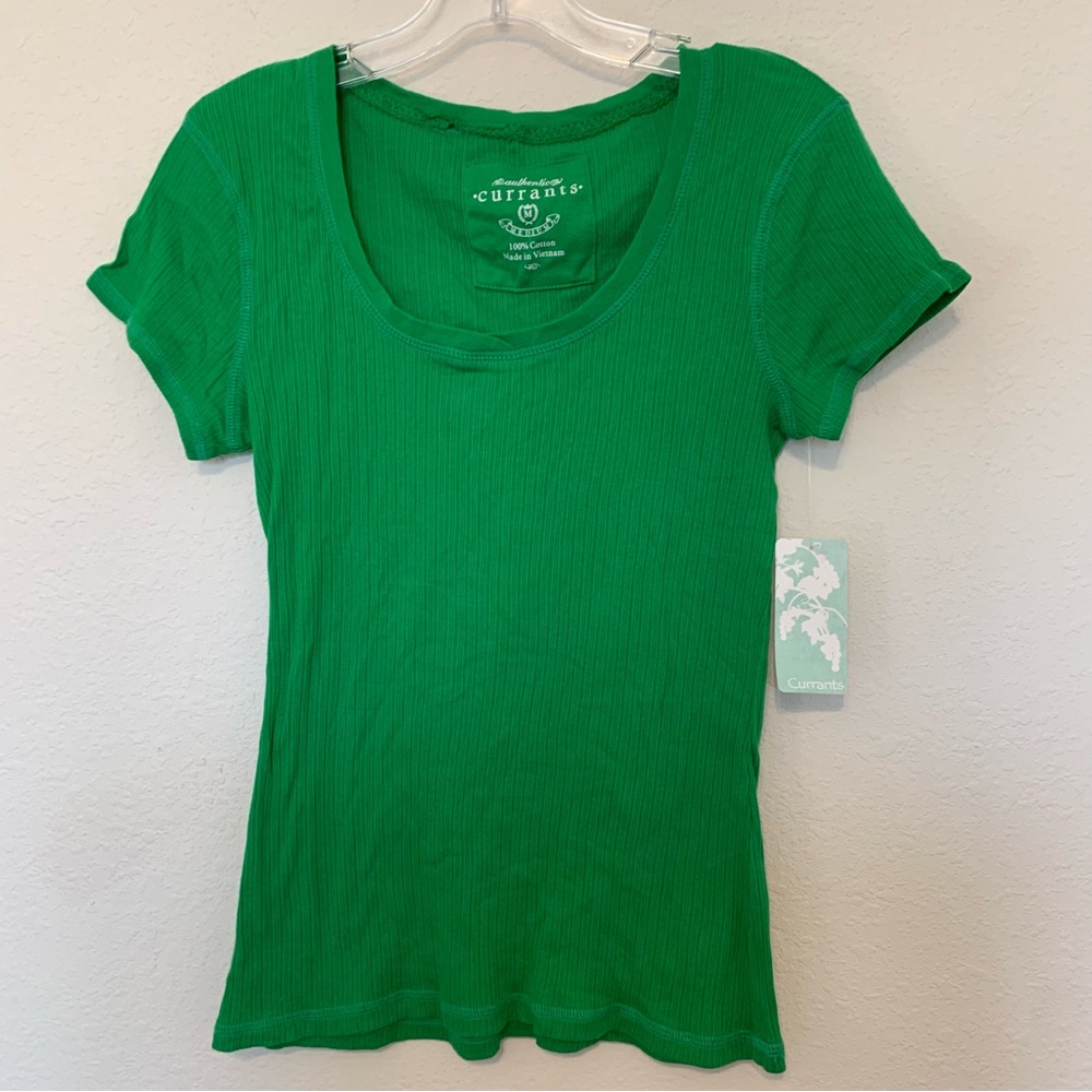 Authentic‎ Currants Green Ribbed Scoop Neck Women's Top Medium 100% Cotton